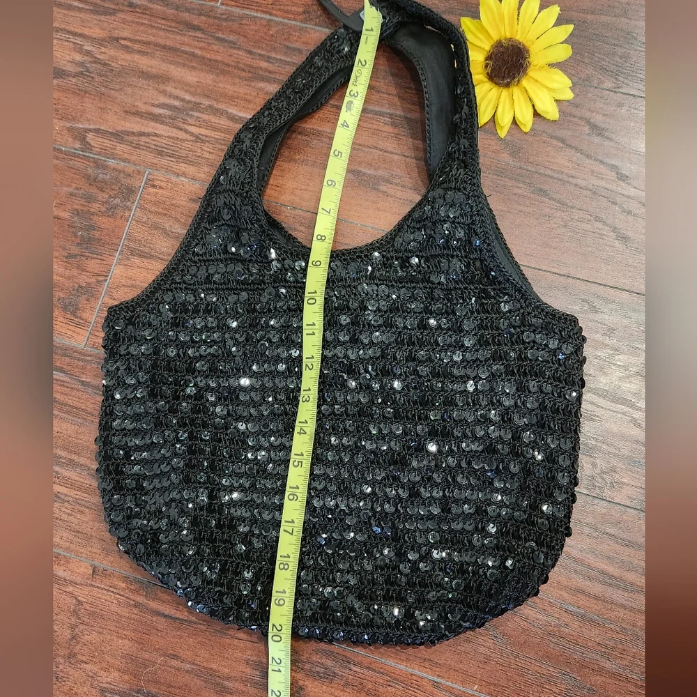Vintage Y2K Frankie and Johnnie Black Sequin Shoulder Tote Bag.